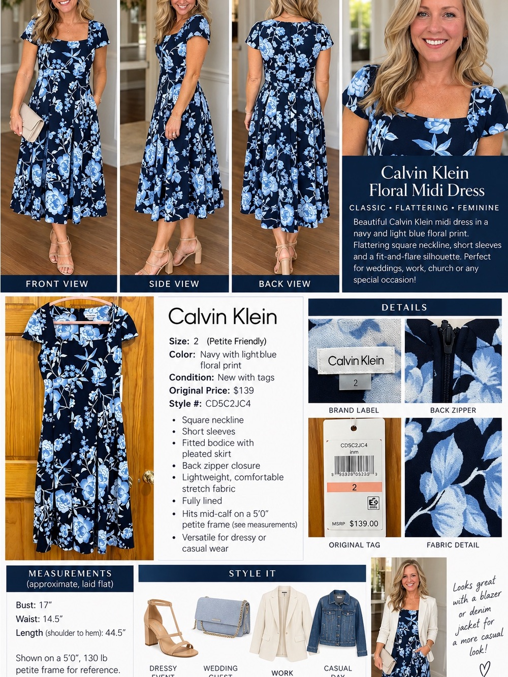 Calvin Klein Navy with Light Blue Floral Midi Dress